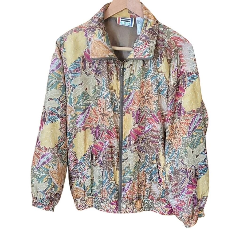 EVR Silk Windbreaker Jacket Size M Zip Front Lightweight 90s Vintage Fall Leaves